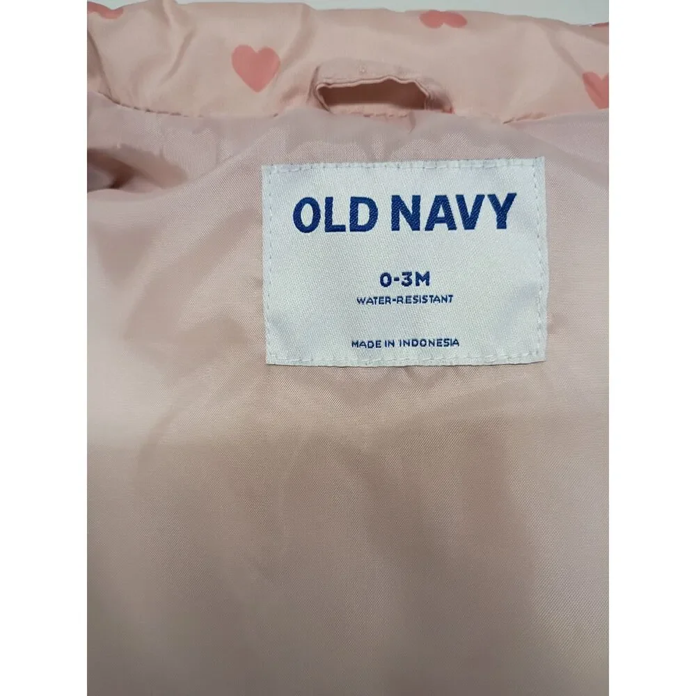 Infant Girl Old Navy Puffer Vest Sz 0-3M Zip Front Waterproof Pink Hearts Jacket